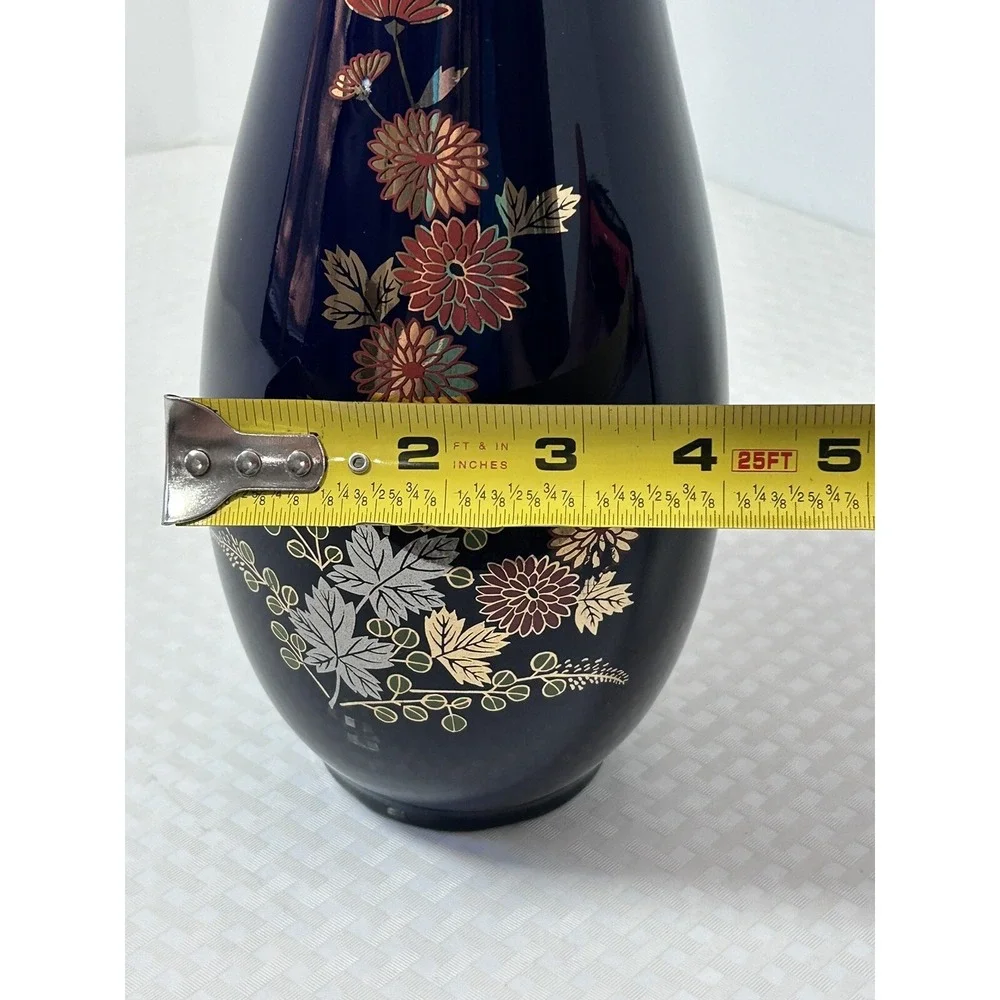 Japanese Cobalt Blue Porcelain Flower Floral Vase W/Gold‎ & Silver Leaf 10